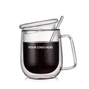 Double Wall Glass Coffee Mug w/ Glass Lid & Spoon 10 oz
