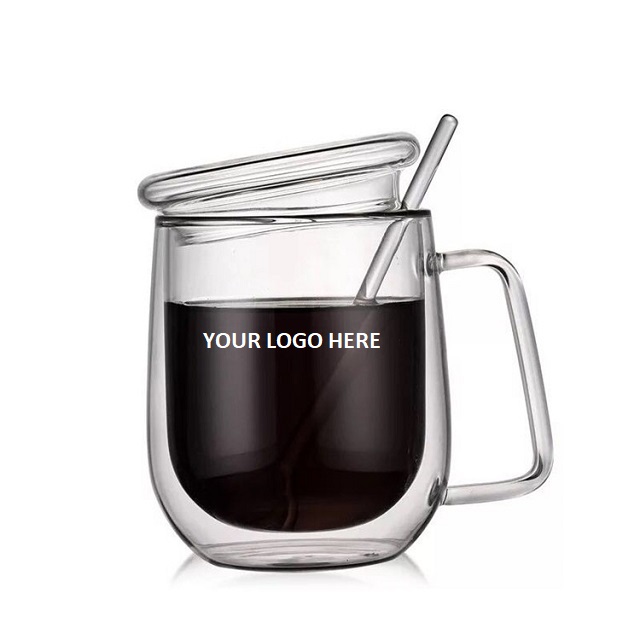 Displayed Image Double Wall Glass Coffee Mug w/ Glass Lid & Spoon 10 oz