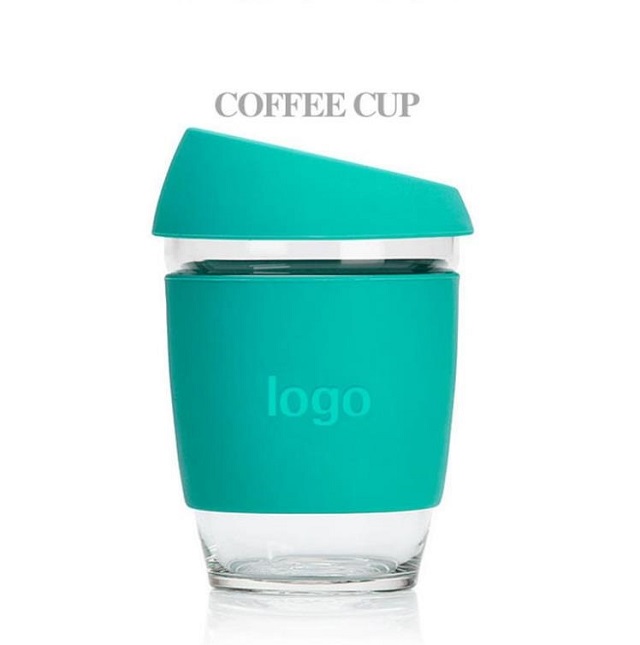 Displayed Image Glass Coffee Mug with Silicone Sleeve & Lid 12 oz